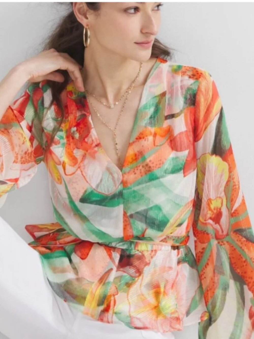 White House Black Market Vibrant Floral Blouse - Orange, Green, Red